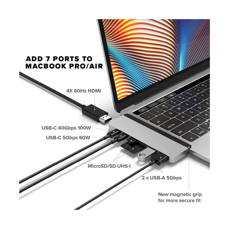 HyperDrive Duo 7-in-2 MacBook USB C Hub â€” for Mac w/Dual Ports, 4K60Hz HDMI, 40Gbps USB-C 100W Power Delivery, USB-A, SD/MicroSD, Magnetic Mount â€” (Silver) - Image 3